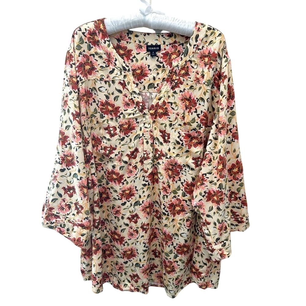 TORRID Floral Tunic Blouse 4X Butter Yellow 3/4 Sleeve Boho Plus Size Fall Top